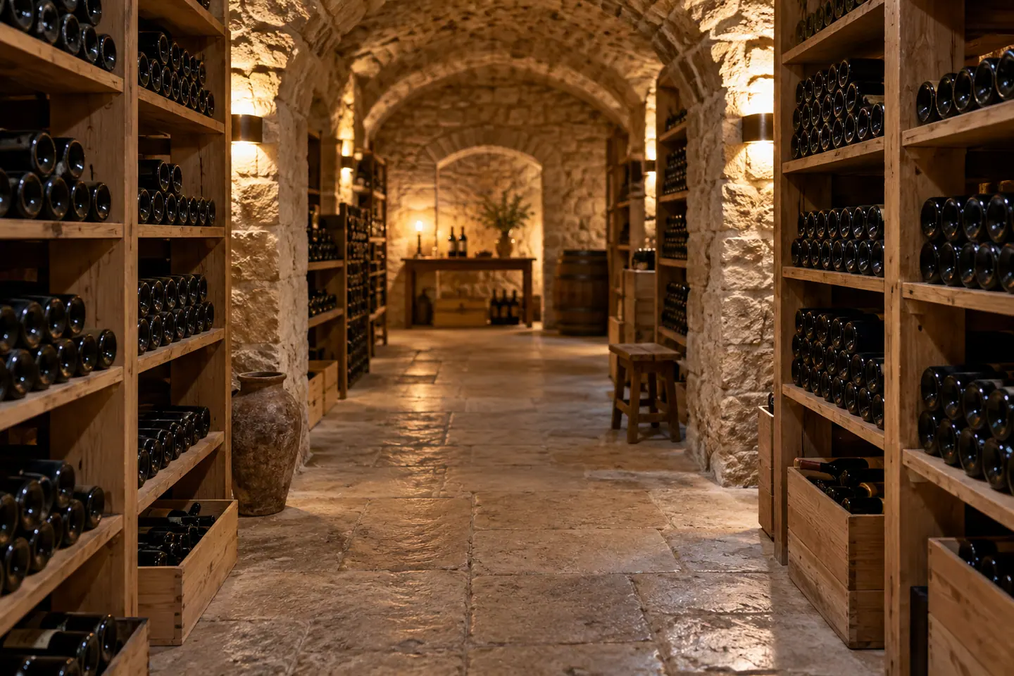 Illustration générée par IA — Cave et bouteilles de vin