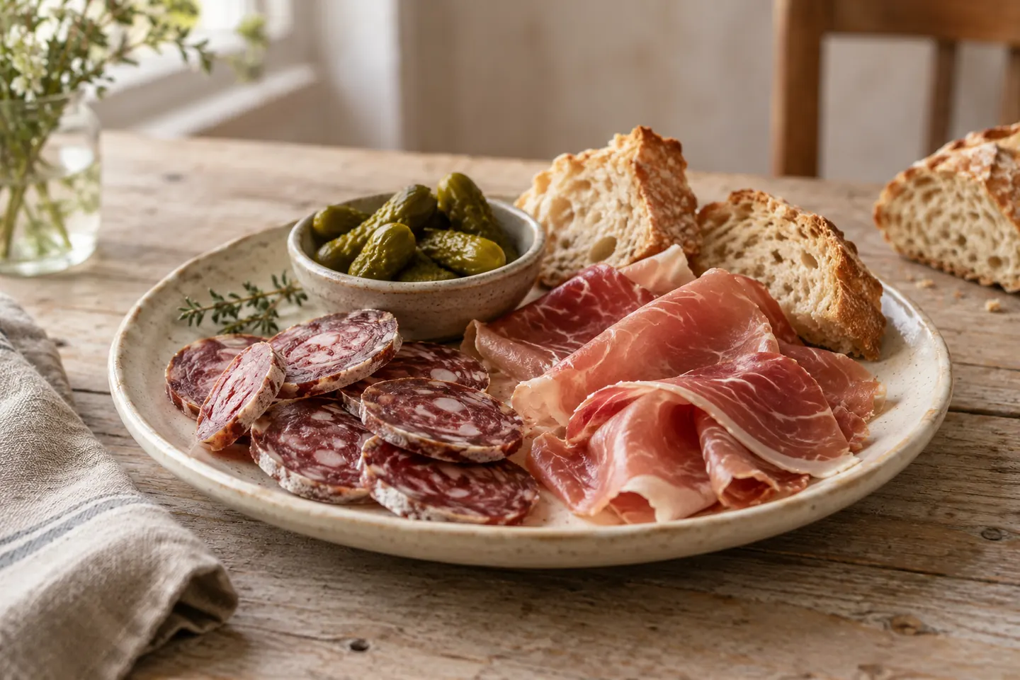 Illustration culinaire générée par IA : petite planche de charcuterie.