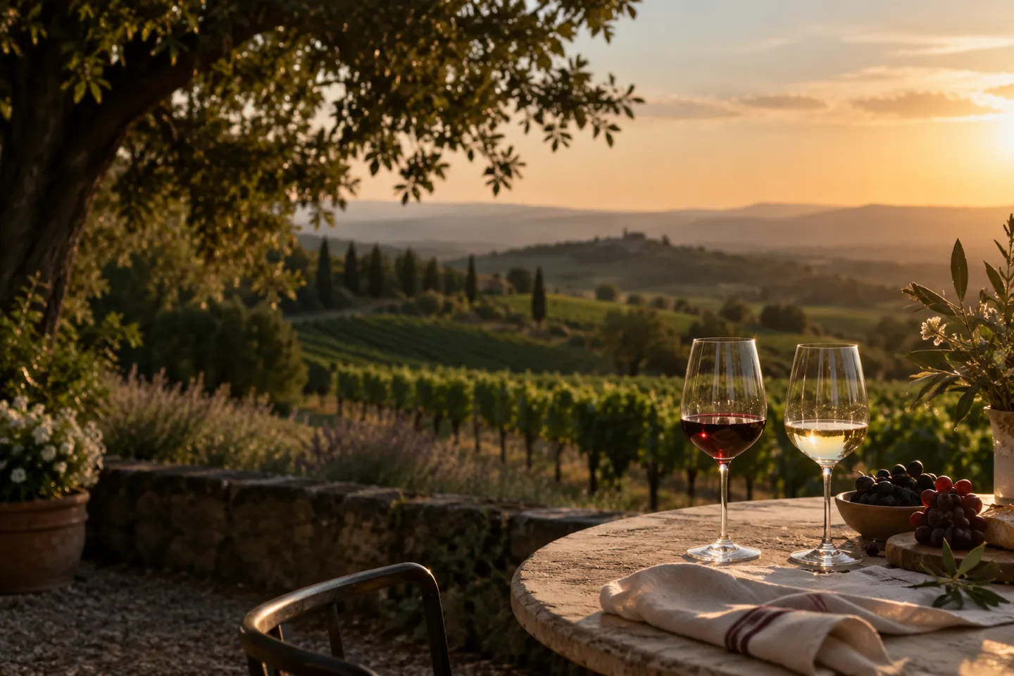 Photo d’illustration générée par IA pour « Un monde de vins à explorer. ». Scène fictive ; ne représente pas un établissement réel ni une identification botanique.