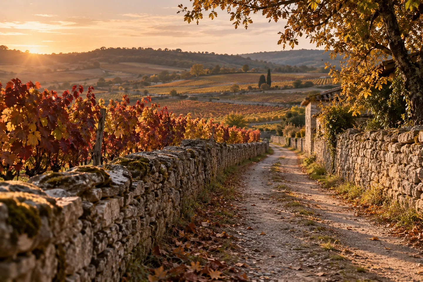 Photo d’illustration générée par IA pour « Voyage au cœur de la Bourgogne ». Scène fictive ; ne représente pas un établissement réel ni une identification botanique.