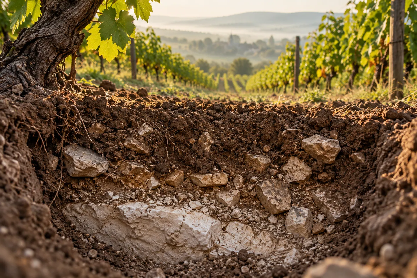 Photo d’illustration générée par IA pour « Le terroir, bien plus qu’un sol ». Scène fictive ; ne représente pas un établissement réel ni une identification botanique.