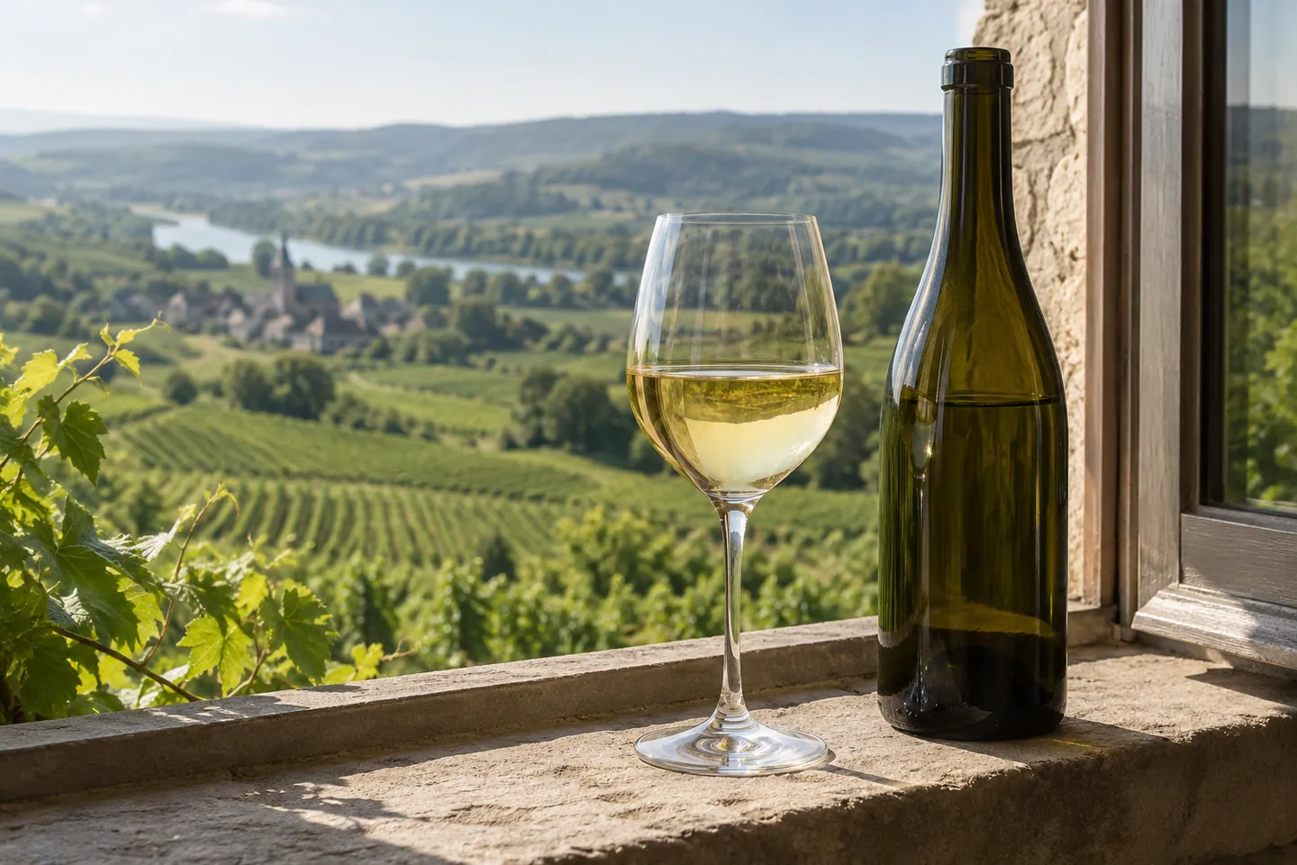 Photo d’illustration générée par IA pour « Pourquoi le Riesling fascine ». Scène fictive ; ne représente pas un établissement réel ni une identification botanique.