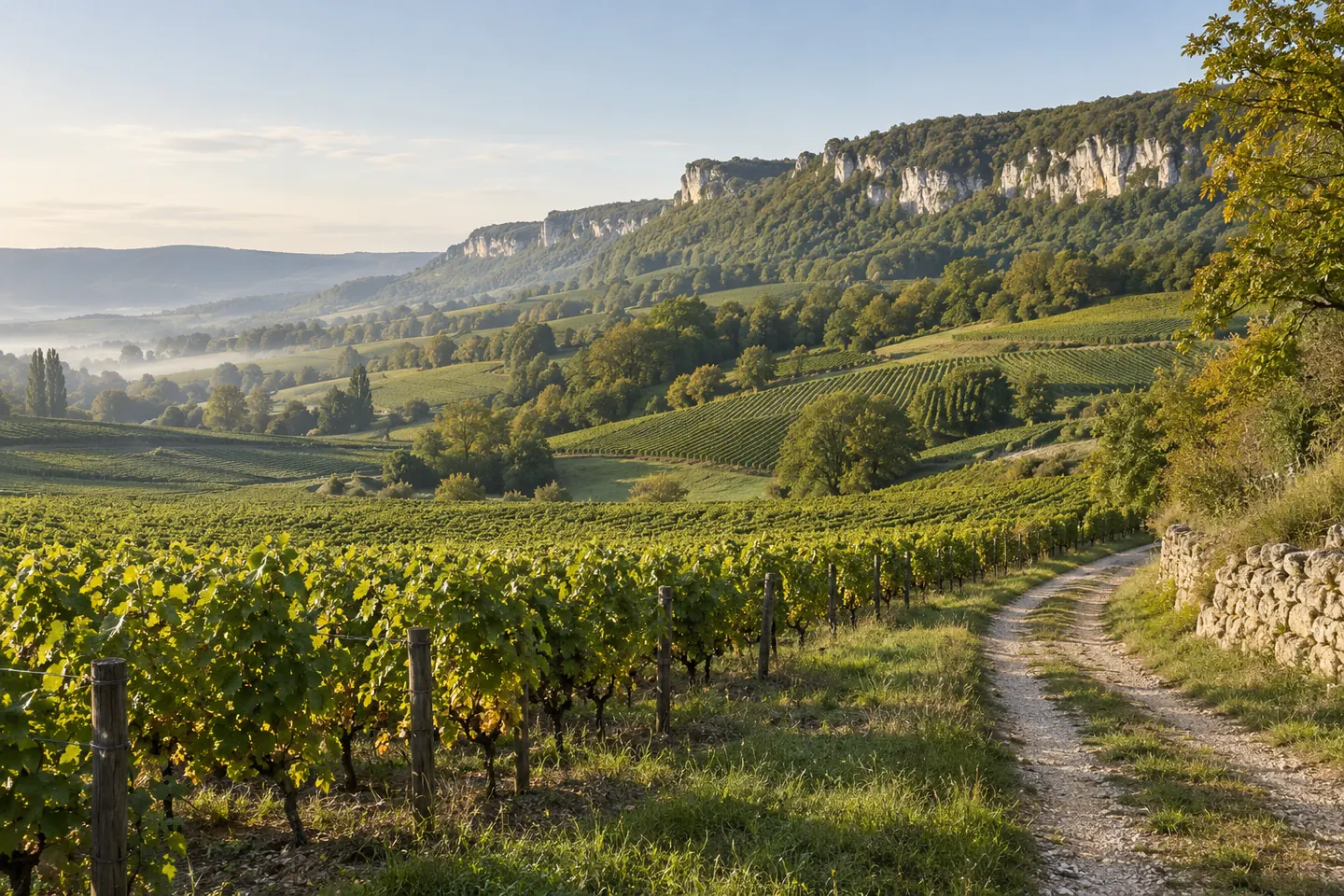 Paysage viticole inspiré du Jura — illustration générée par IA, aucun domaine réel représenté.