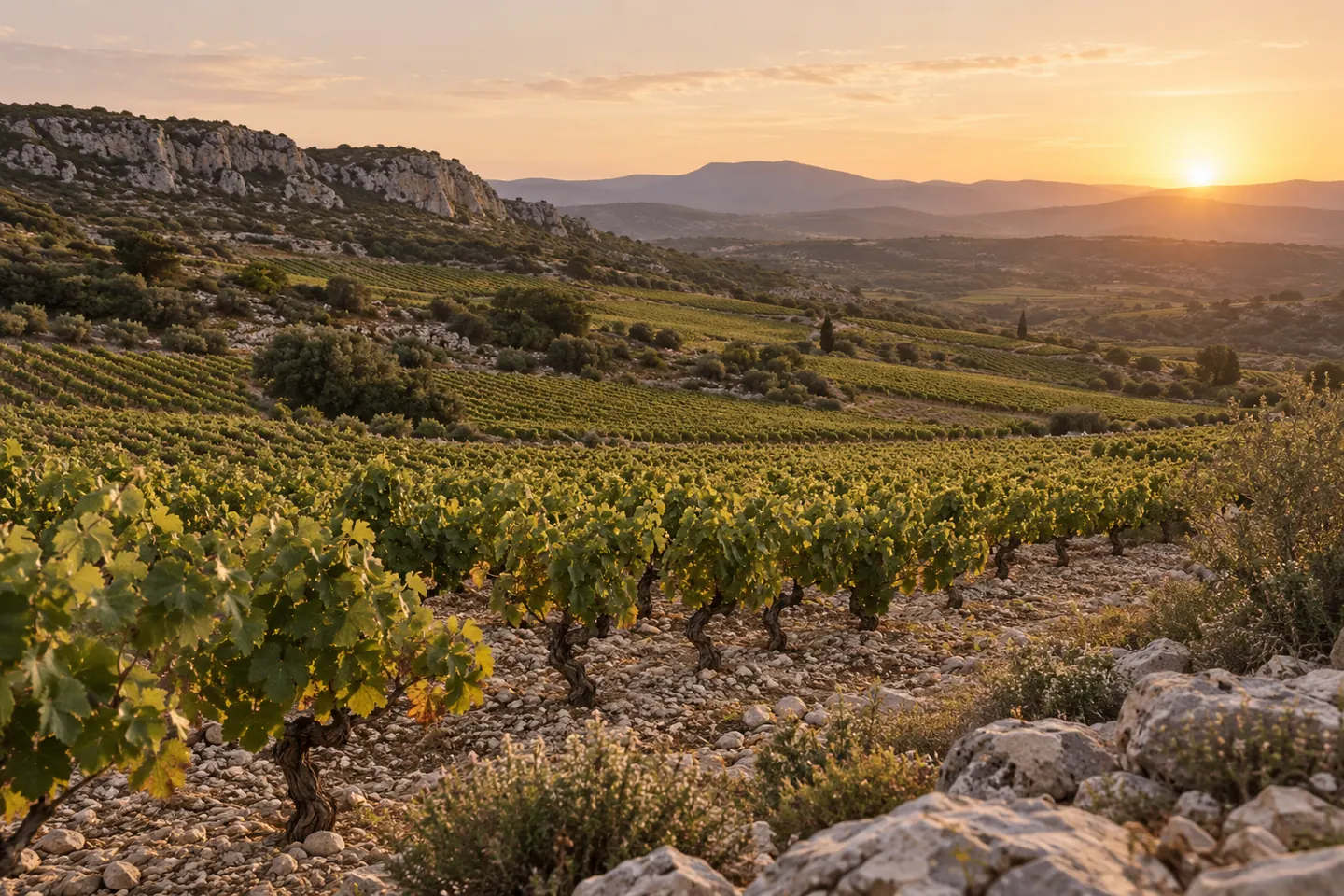 Paysage viticole inspiré du Languedoc — illustration générée par IA, aucun domaine réel représenté.