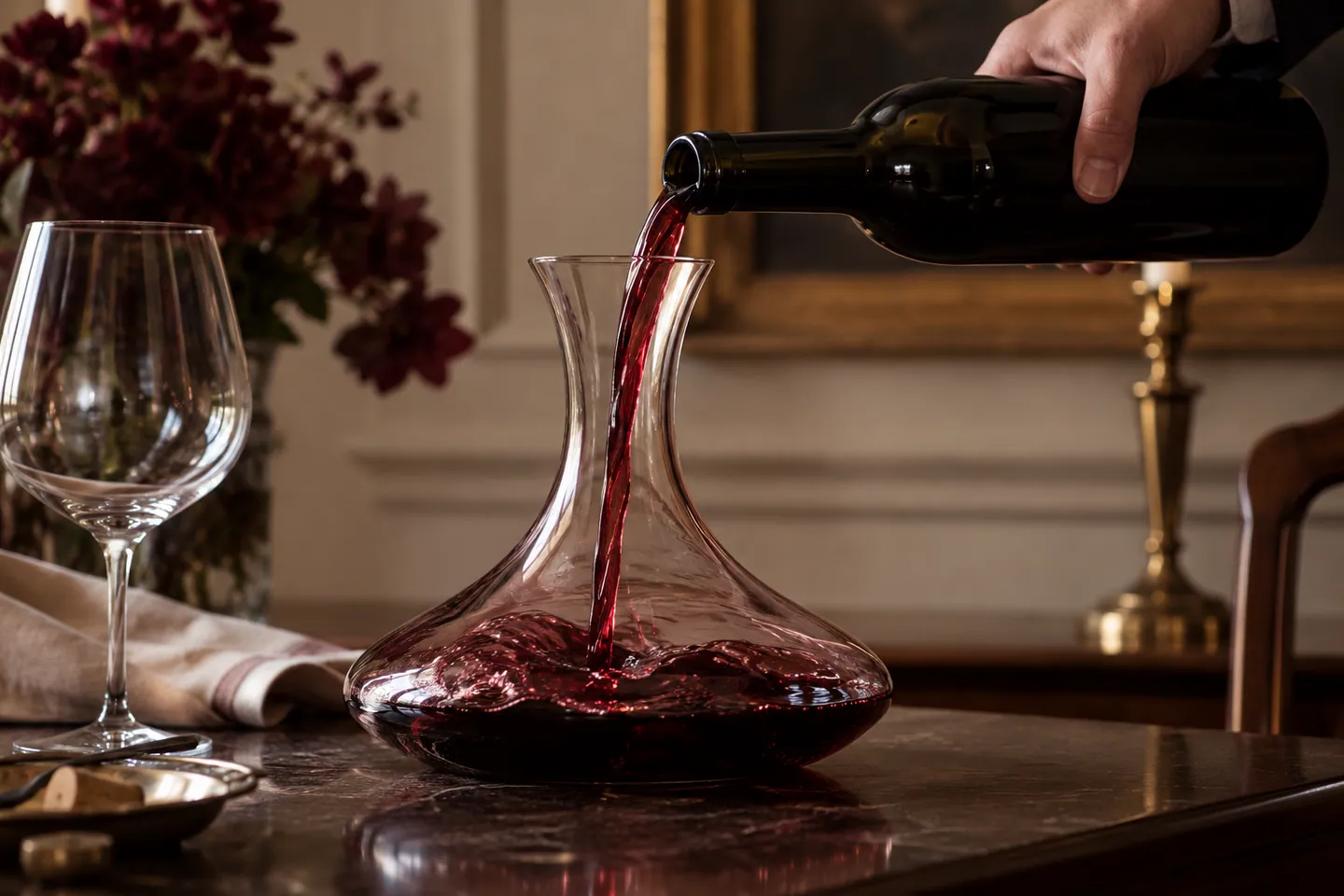 Photo d’illustration générée par IA pour « Quand carafer un vin ? ». Scène fictive ; ne représente pas un établissement réel ni une identification botanique.