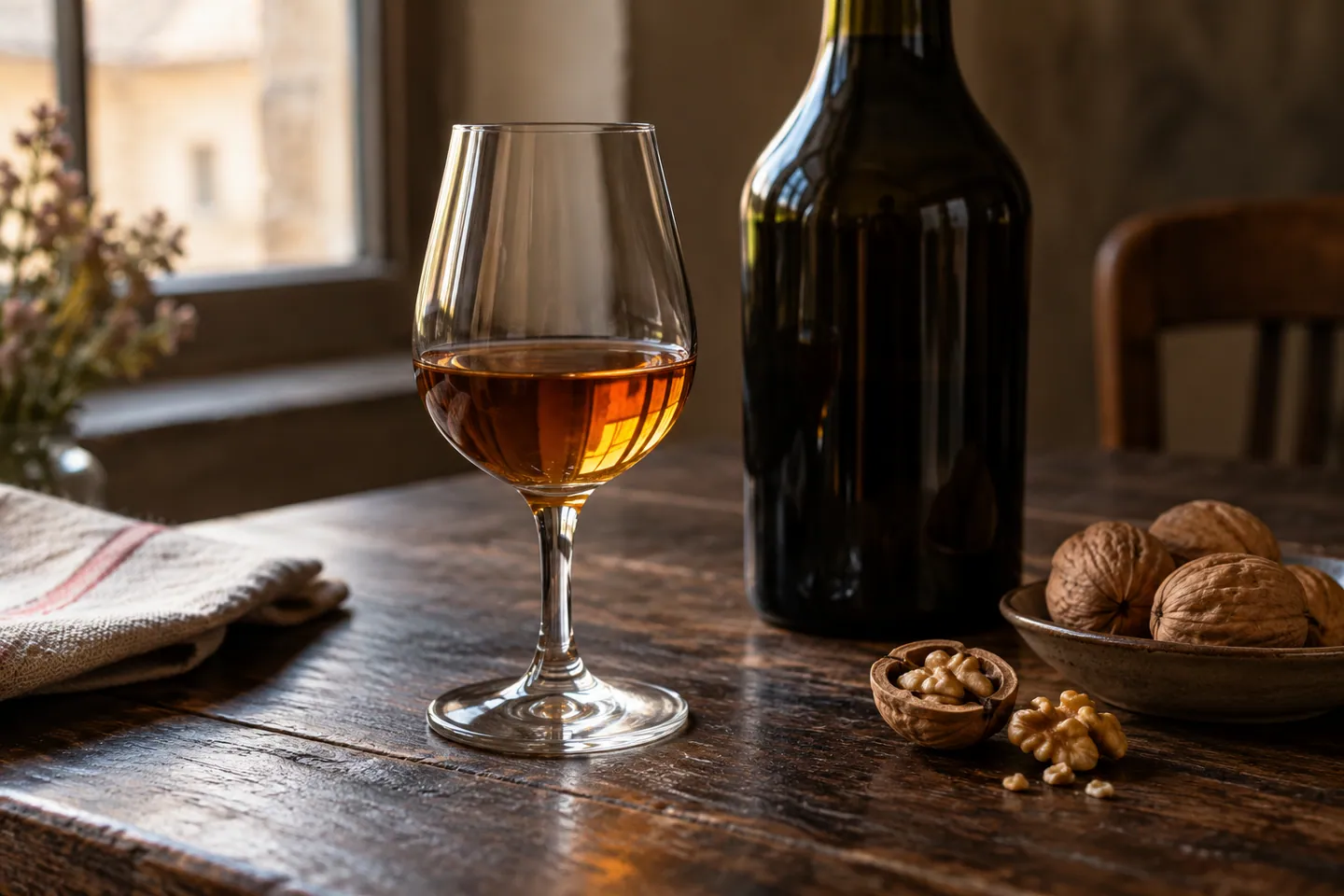 Photo d’illustration générée par IA pour « Découvrir les vins fortifiés ». Scène fictive ; ne représente pas un établissement réel ni une identification botanique.
