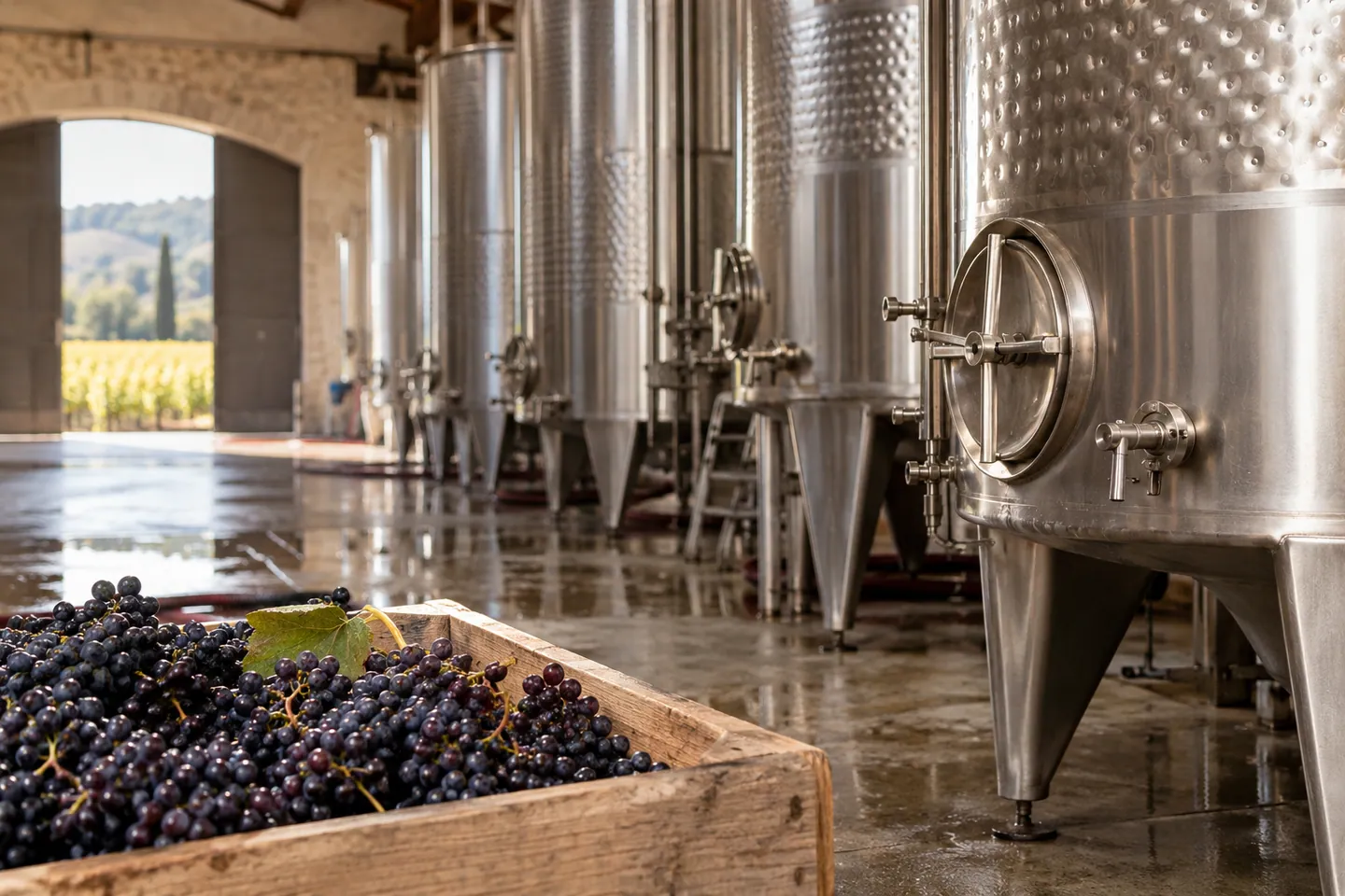 Photo d’illustration générée par IA pour « Du raisin au vin : fermentation, macération et élevage ». Scène fictive ; ne représente pas un établissement réel ni une identification botanique.