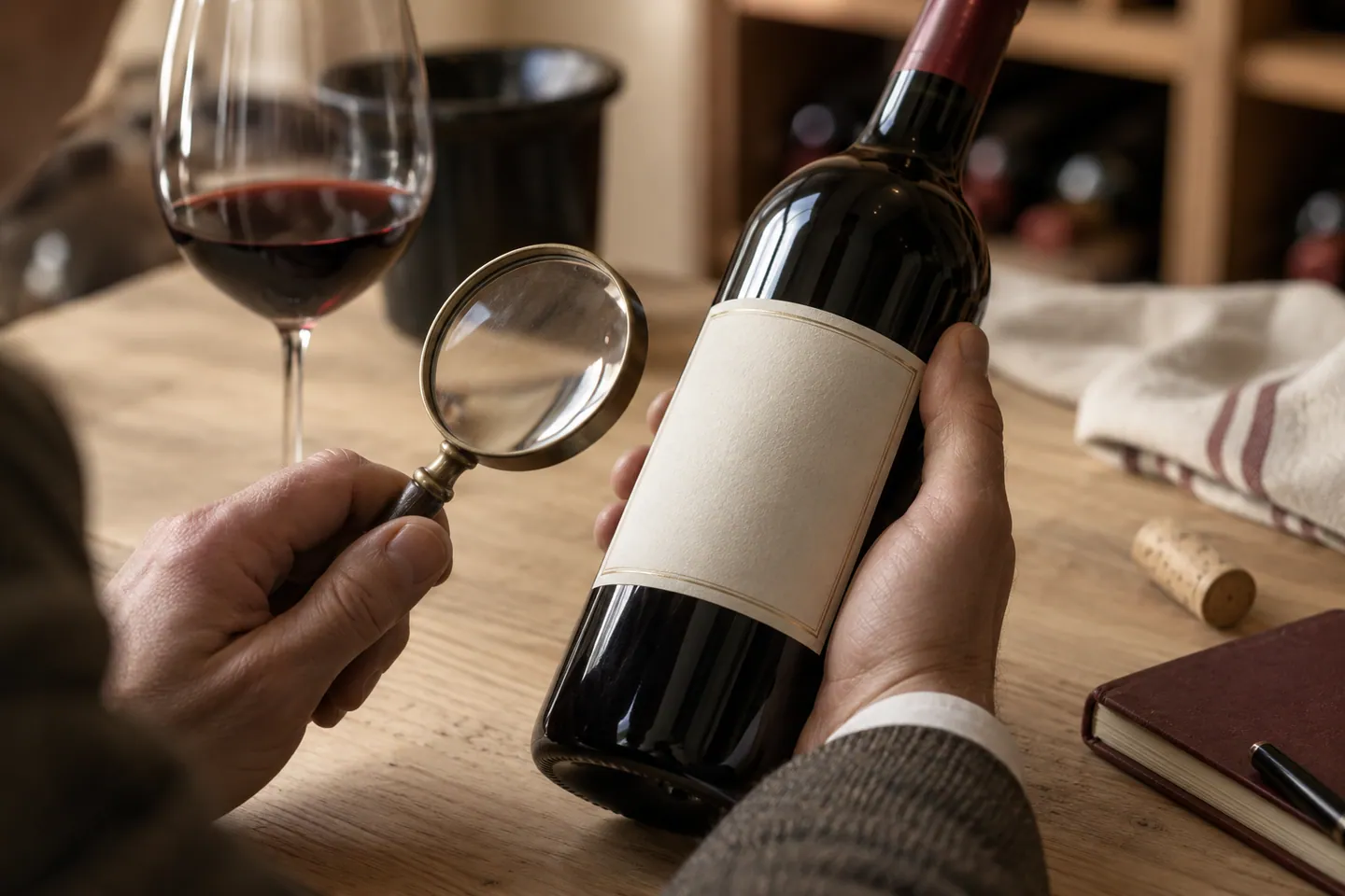 Photo d’illustration générée par IA pour « Lire une étiquette de vin ». Scène fictive ; ne représente pas un établissement réel ni une identification botanique.