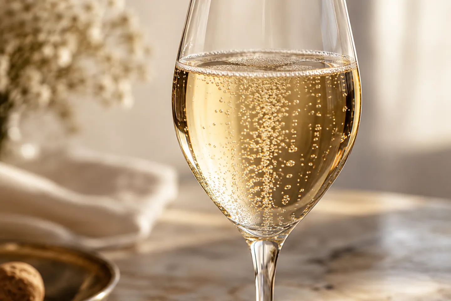 Photo d’illustration générée par IA pour « Comprendre les vins effervescents ». Scène fictive ; ne représente pas un établissement réel ni une identification botanique.