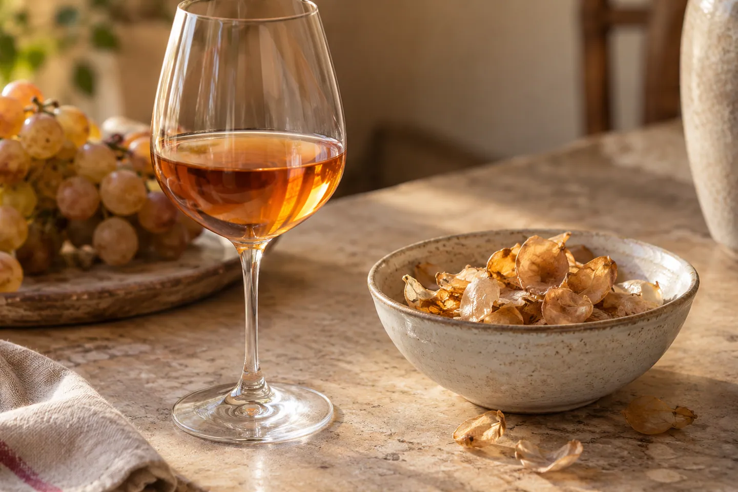 Photo d’illustration générée par IA pour « Vin orange : comprendre les blancs de macération ». Scène fictive ; ne représente pas un établissement réel ni une identification botanique.