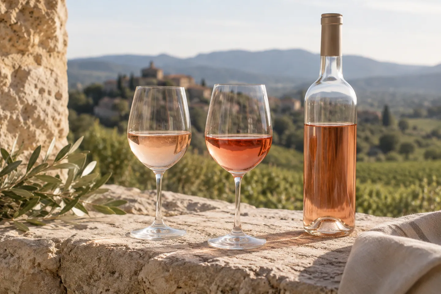 Photo d’illustration générée par IA pour « Comprendre le vin rosé ». Scène fictive ; ne représente pas un établissement réel ni une identification botanique.
