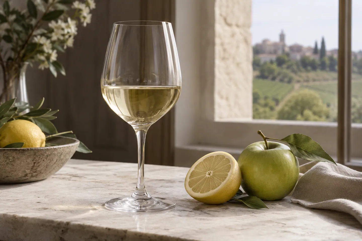 Photo d’illustration générée par IA pour « Comprendre l’acidité du vin ». Scène fictive ; ne représente pas un établissement réel ni une identification botanique.