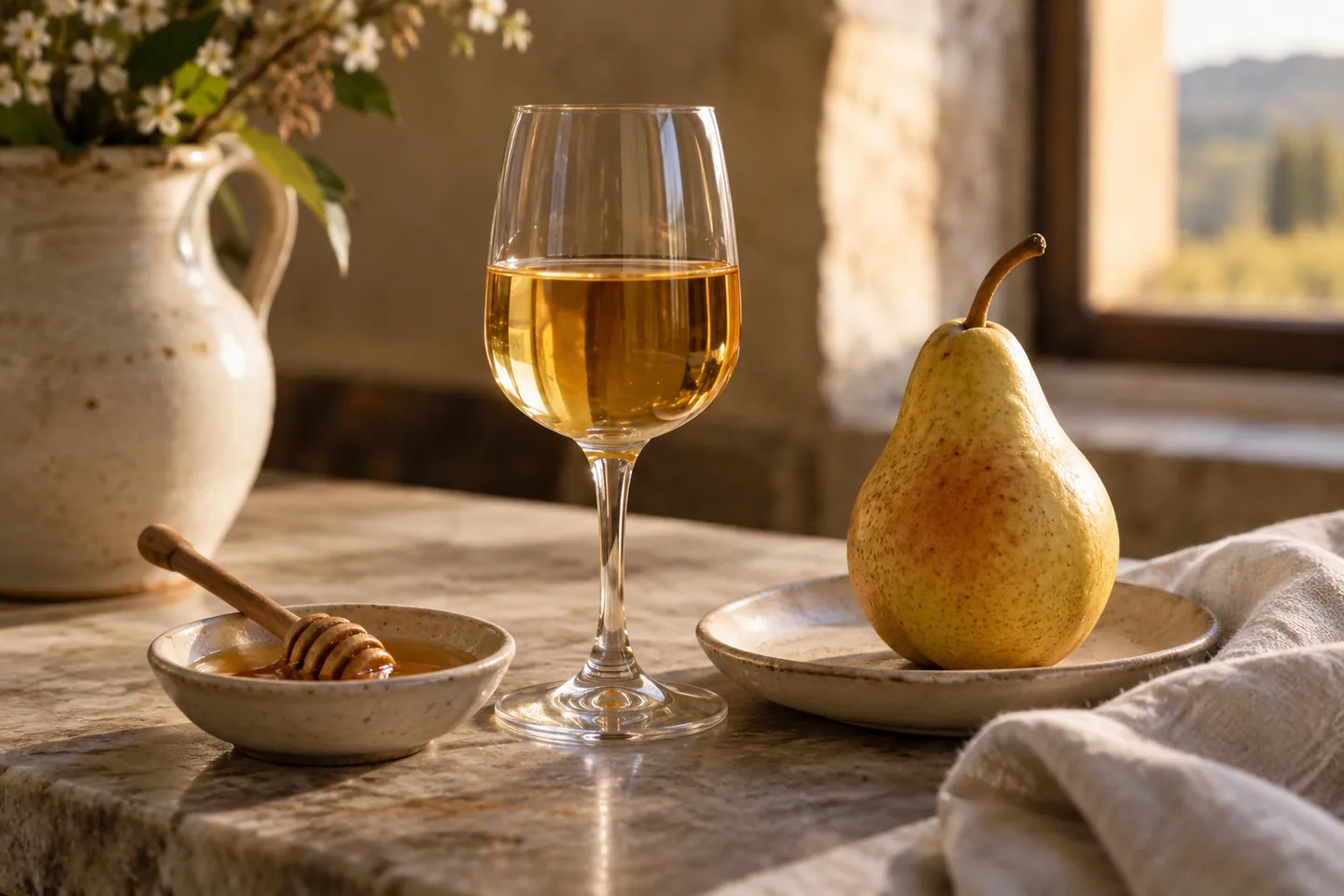 Photo d’illustration générée par IA pour « Comprendre la douceur du vin ». Scène fictive ; ne représente pas un établissement réel ni une identification botanique.