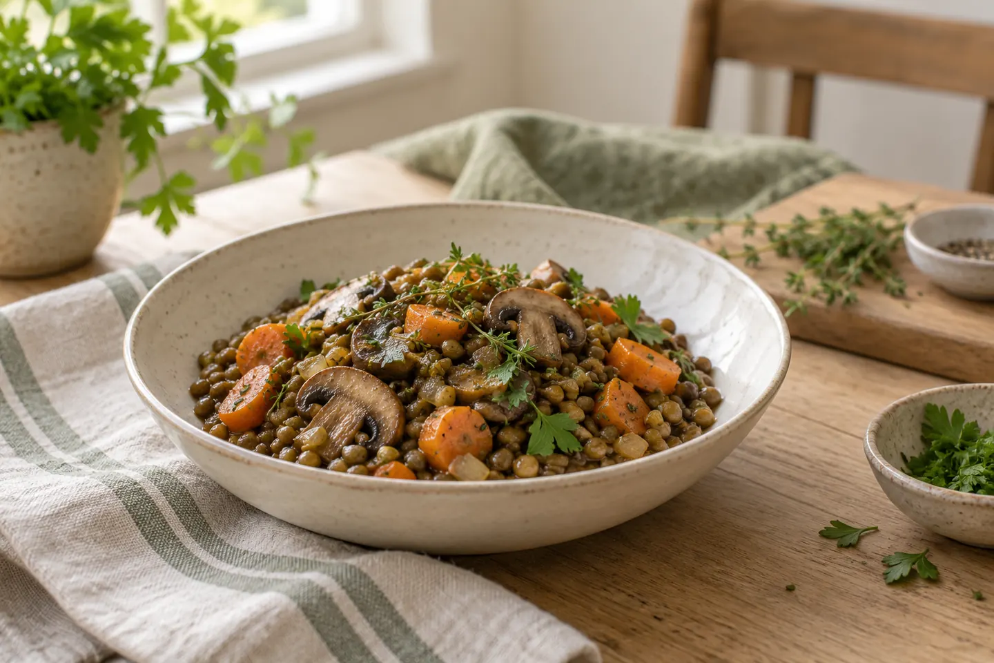 Illustration culinaire générée par IA : plat de lentilles et légumes.