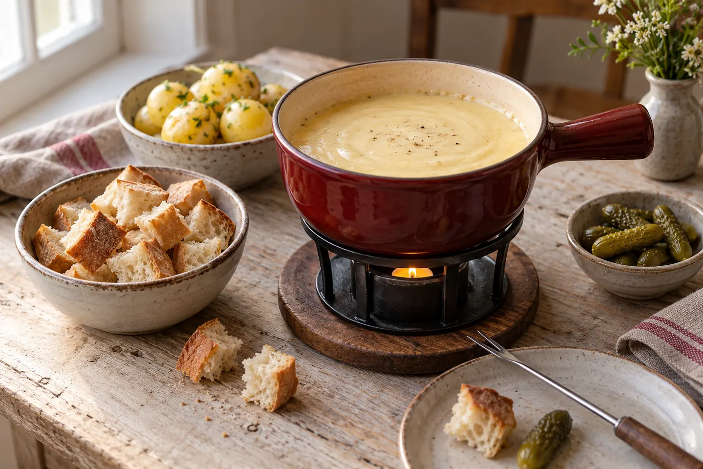 Illustration culinaire générée par IA : fondue et accompagnements.
