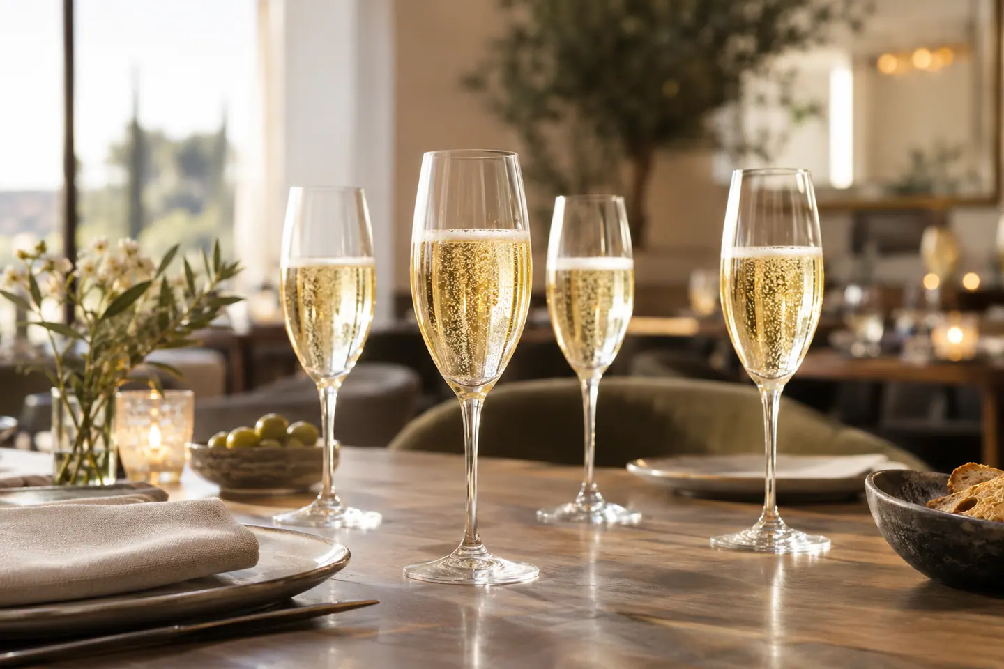 Illustration générée par IA — Verres de vin effervescent au restaurant
