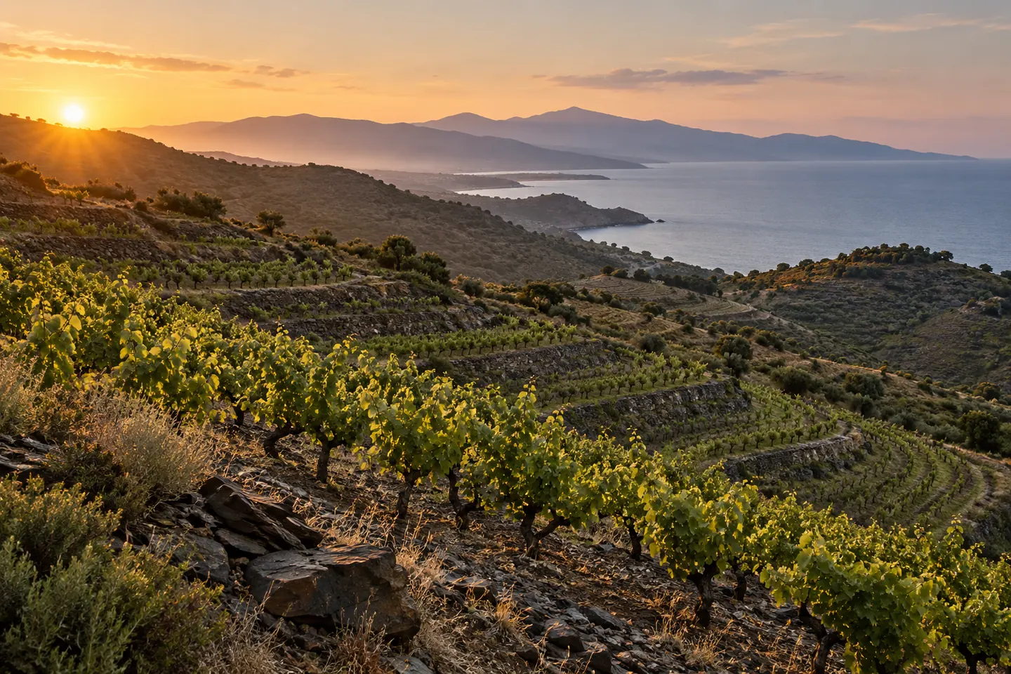Paysage viticole inspiré du Roussillon — illustration générée par IA, aucun domaine réel représenté.