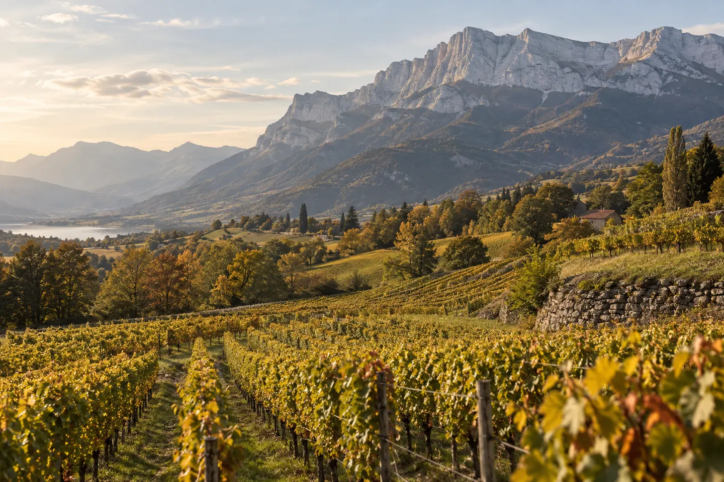 Paysage viticole inspiré de Savoie — illustration générée par IA, aucun domaine réel représenté.