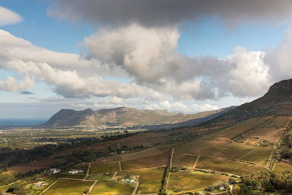 Looking from above and farmland in Cape Town South Africa on a cloudy day
